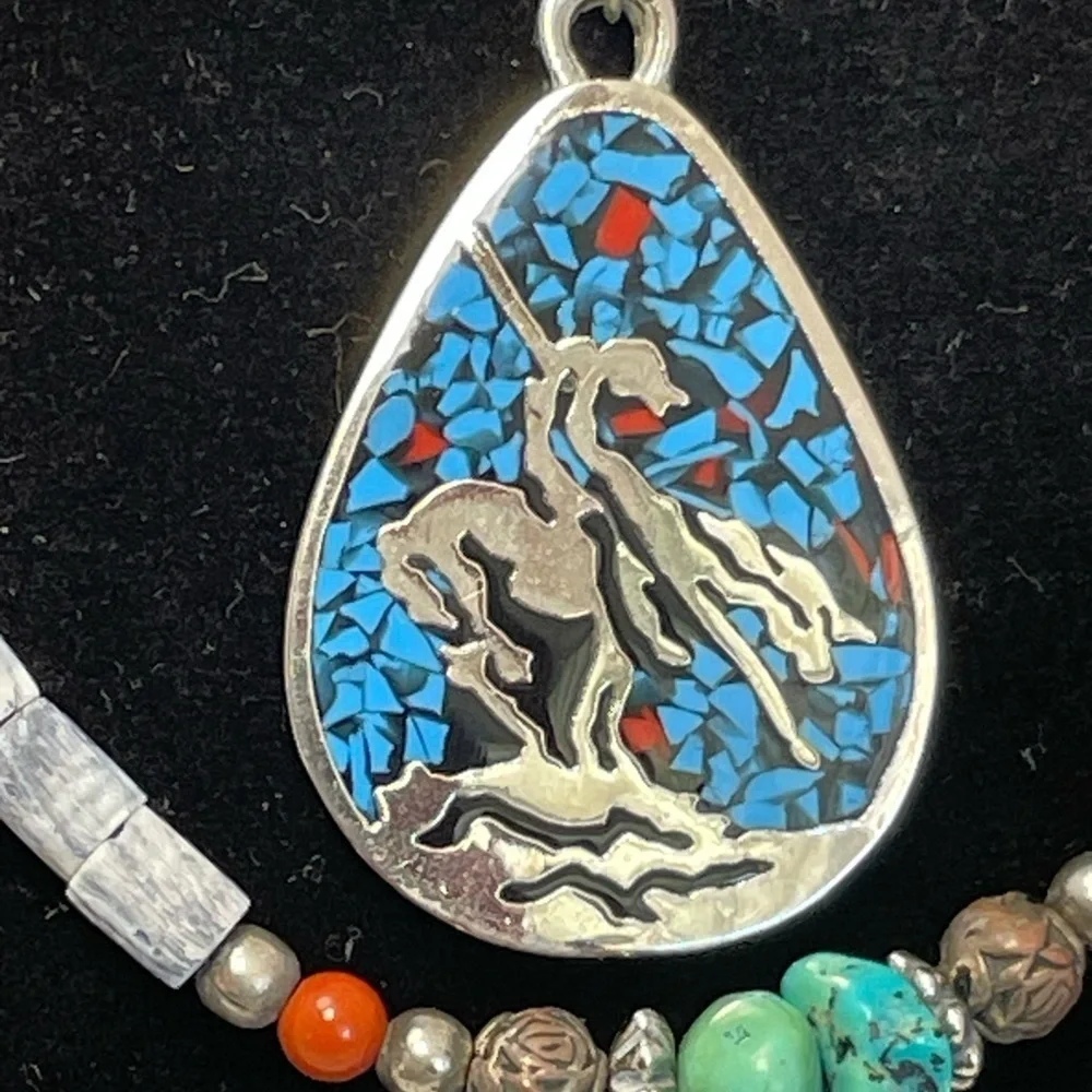 Vintage 1970s Zuni Navajo style nickel silver faux turquoise 2 strand necklace